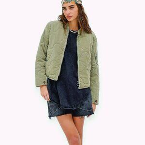 Free People Aura Liner Quilted Bomber Jacket Green Full Zip Front Boxy Large NWT